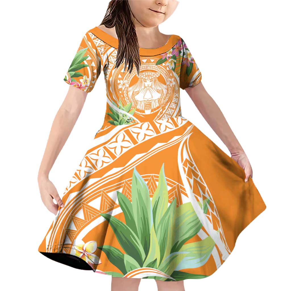 Aloha Hawaii Lanai Family Matching Off Shoulder Short Dress and Hawaiian Shirt Frangipani Mix Pineapple LT7 Daughter's Dress Orange - Polynesian Pride