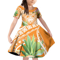 Aloha Hawaii Lanai Family Matching Off Shoulder Short Dress and Hawaiian Shirt Frangipani Mix Pineapple LT7 Daughter's Dress Orange - Polynesian Pride