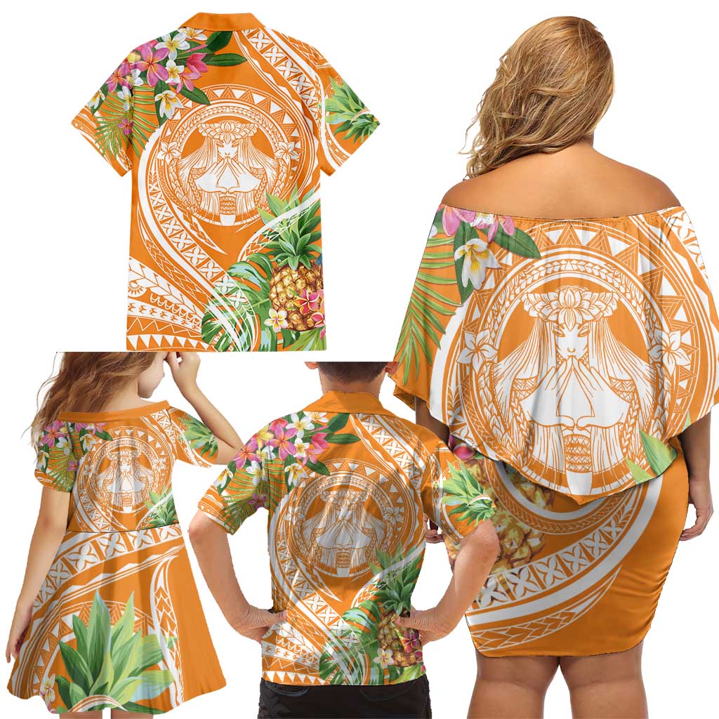 Aloha Hawaii Lanai Family Matching Off Shoulder Short Dress and Hawaiian Shirt Frangipani Mix Pineapple LT7 - Polynesian Pride