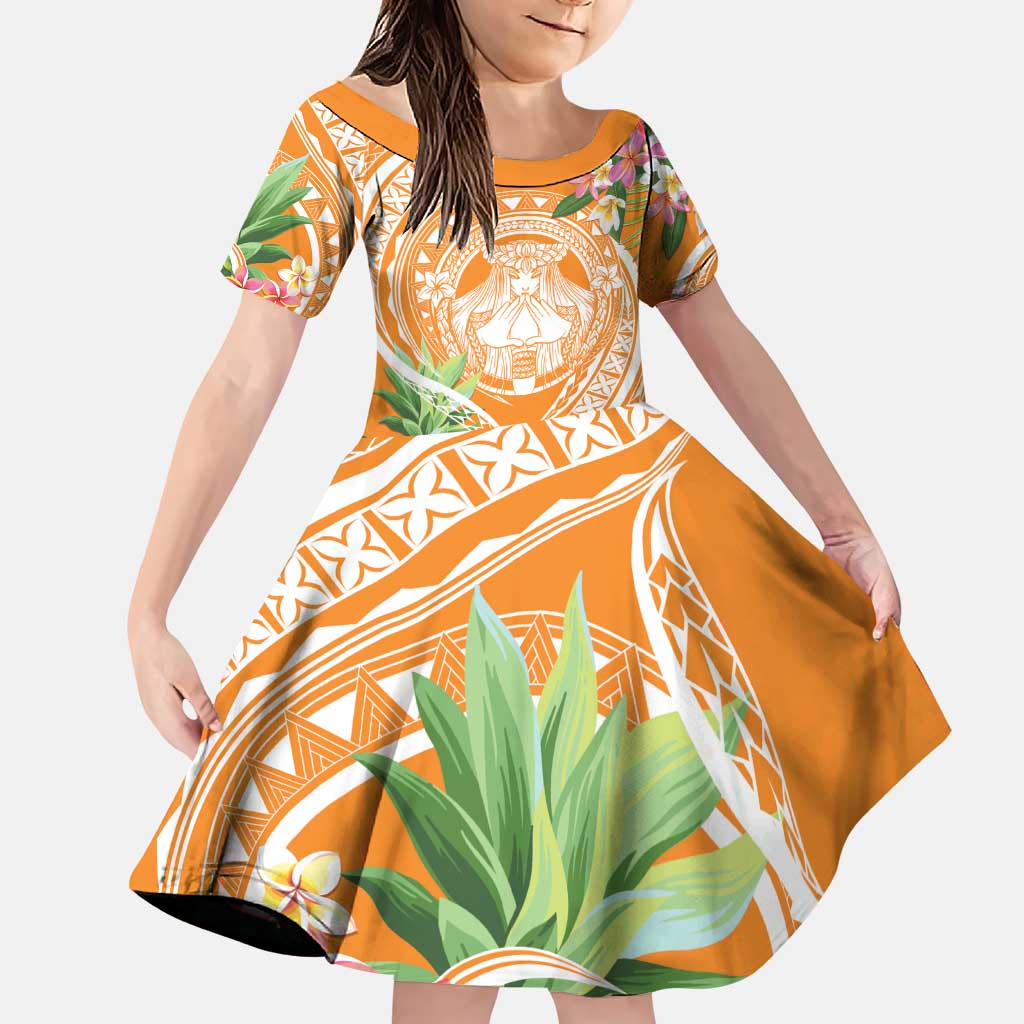 Aloha Hawaii Lanai Family Matching Puletasi and Hawaiian Shirt Frangipani Mix Pineapple LT7 Daughter's Dress Orange - Polynesian Pride