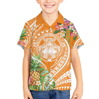 Aloha Hawaii Lanai Family Matching Puletasi and Hawaiian Shirt Frangipani Mix Pineapple LT7 Son's Shirt Orange - Polynesian Pride
