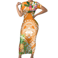 Aloha Hawaii Lanai Family Matching Short Sleeve Bodycon Dress and Hawaiian Shirt Frangipani Mix Pineapple LT7 Mom's Dress Orange - Polynesian Pride