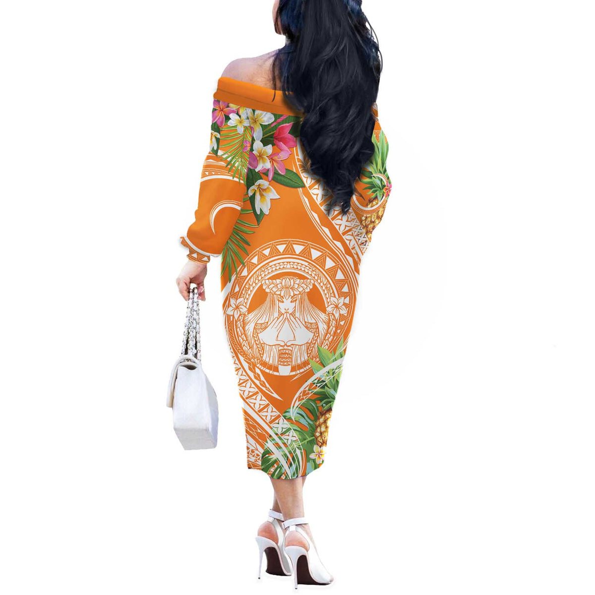 Aloha Hawaii Lanai Off The Shoulder Long Sleeve Dress Frangipani Mix Pineapple