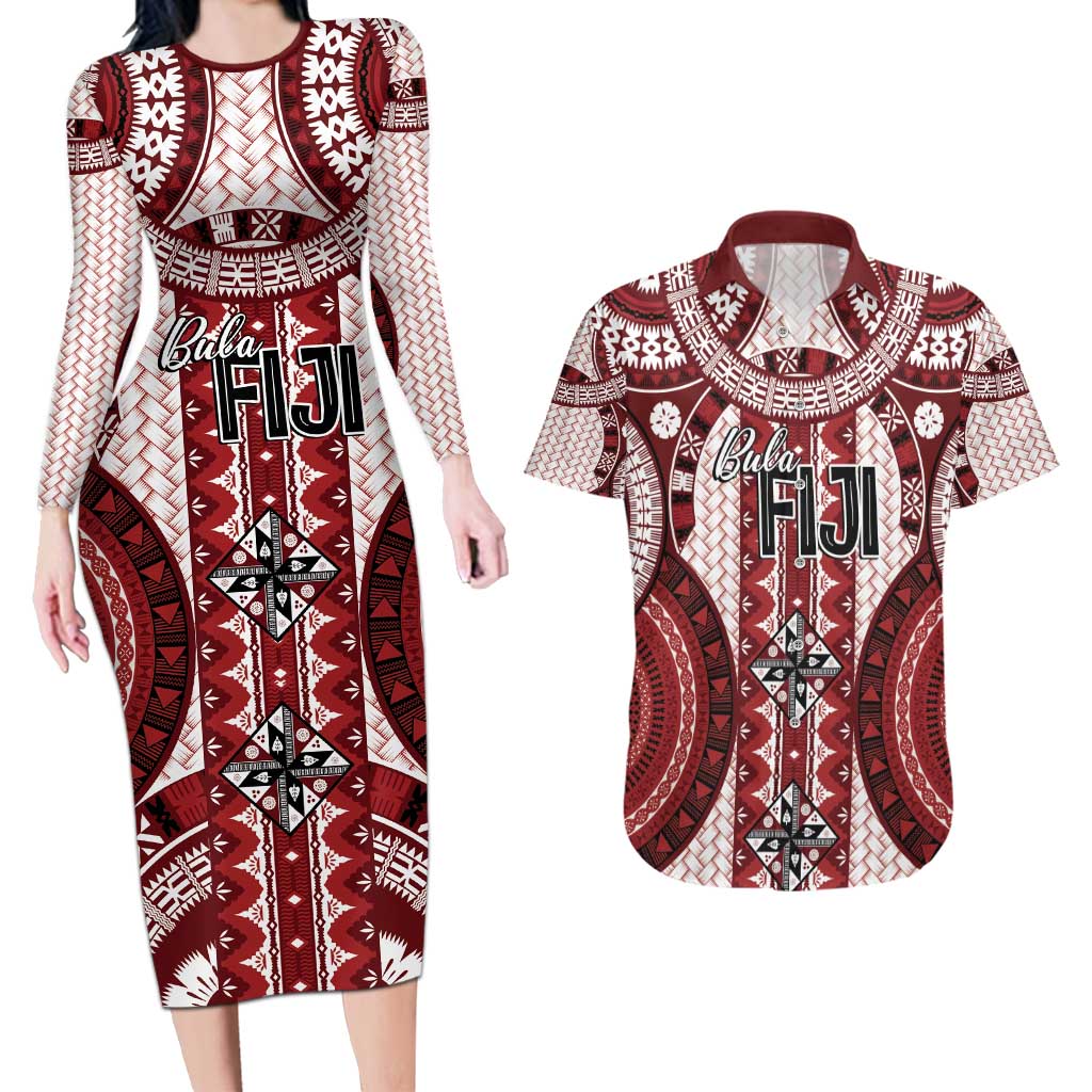 Bula Fiji Vintage Couples Matching Long Sleeve Bodycon Dress and Hawaiian Shirt Scarlet Masi Motifs LT7 Scarlet - Polynesian Pride