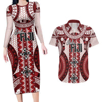 Bula Fiji Vintage Couples Matching Long Sleeve Bodycon Dress and Hawaiian Shirt Scarlet Masi Motifs LT7 Scarlet - Polynesian Pride