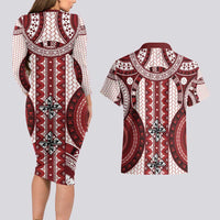 Bula Fiji Vintage Couples Matching Long Sleeve Bodycon Dress and Hawaiian Shirt Scarlet Masi Motifs LT7 - Polynesian Pride
