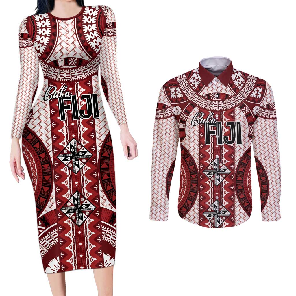 Bula Fiji Vintage Couples Matching Long Sleeve Bodycon Dress and Long Sleeve Button Shirt Scarlet Masi Motifs LT7 Scarlet - Polynesian Pride