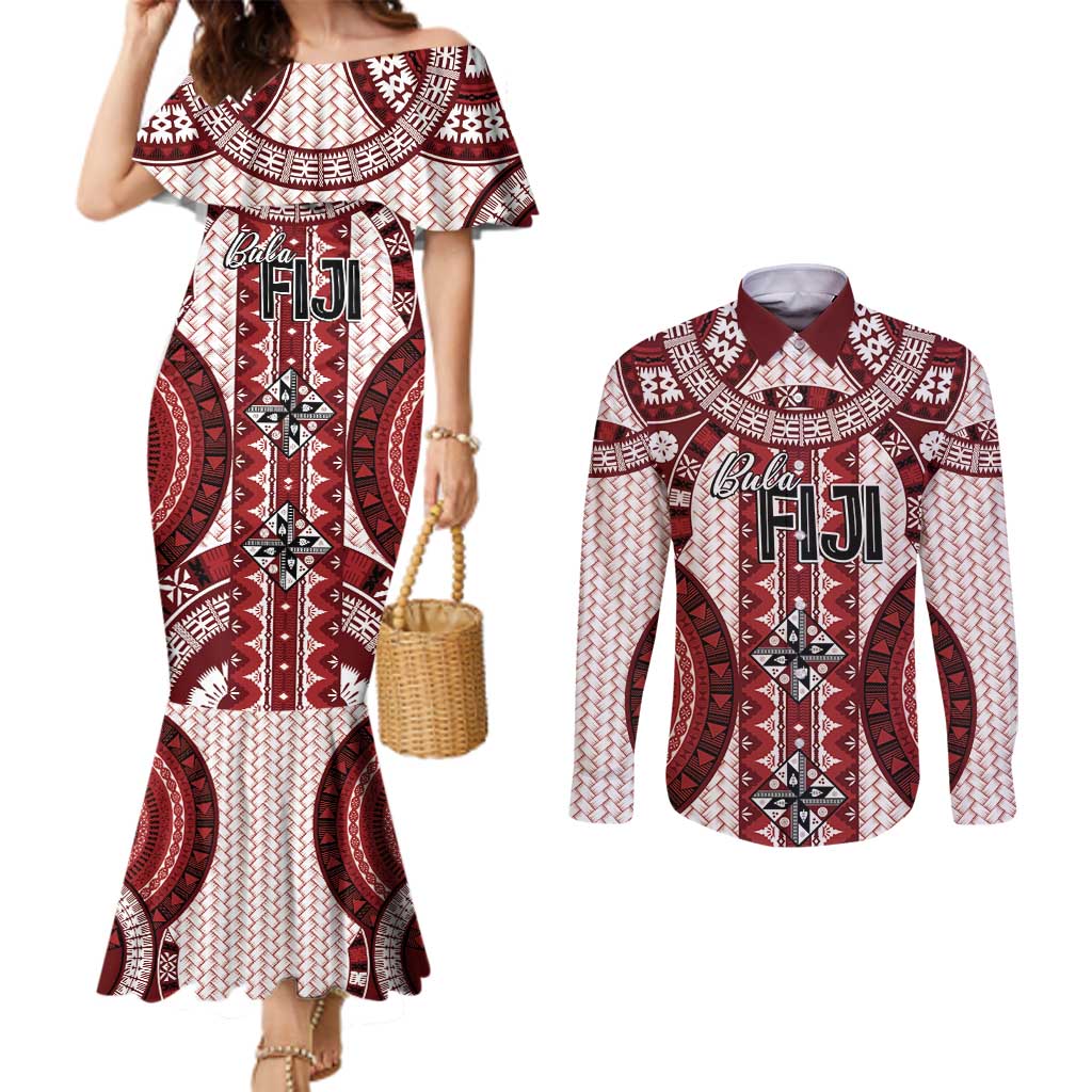 Bula Fiji Vintage Couples Matching Mermaid Dress and Long Sleeve Button Shirt Scarlet Masi Motifs LT7 Scarlet - Polynesian Pride