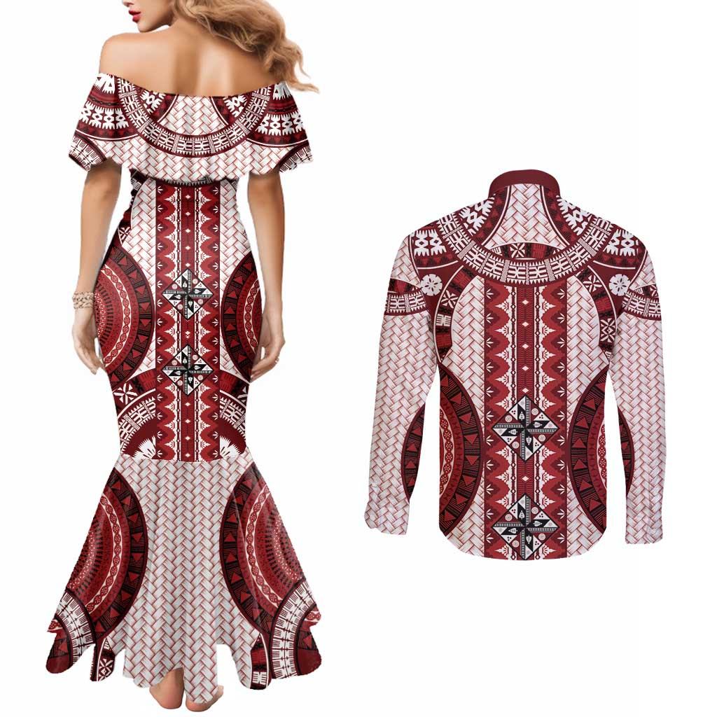 Bula Fiji Vintage Couples Matching Mermaid Dress and Long Sleeve Button Shirt Scarlet Masi Motifs LT7 - Polynesian Pride