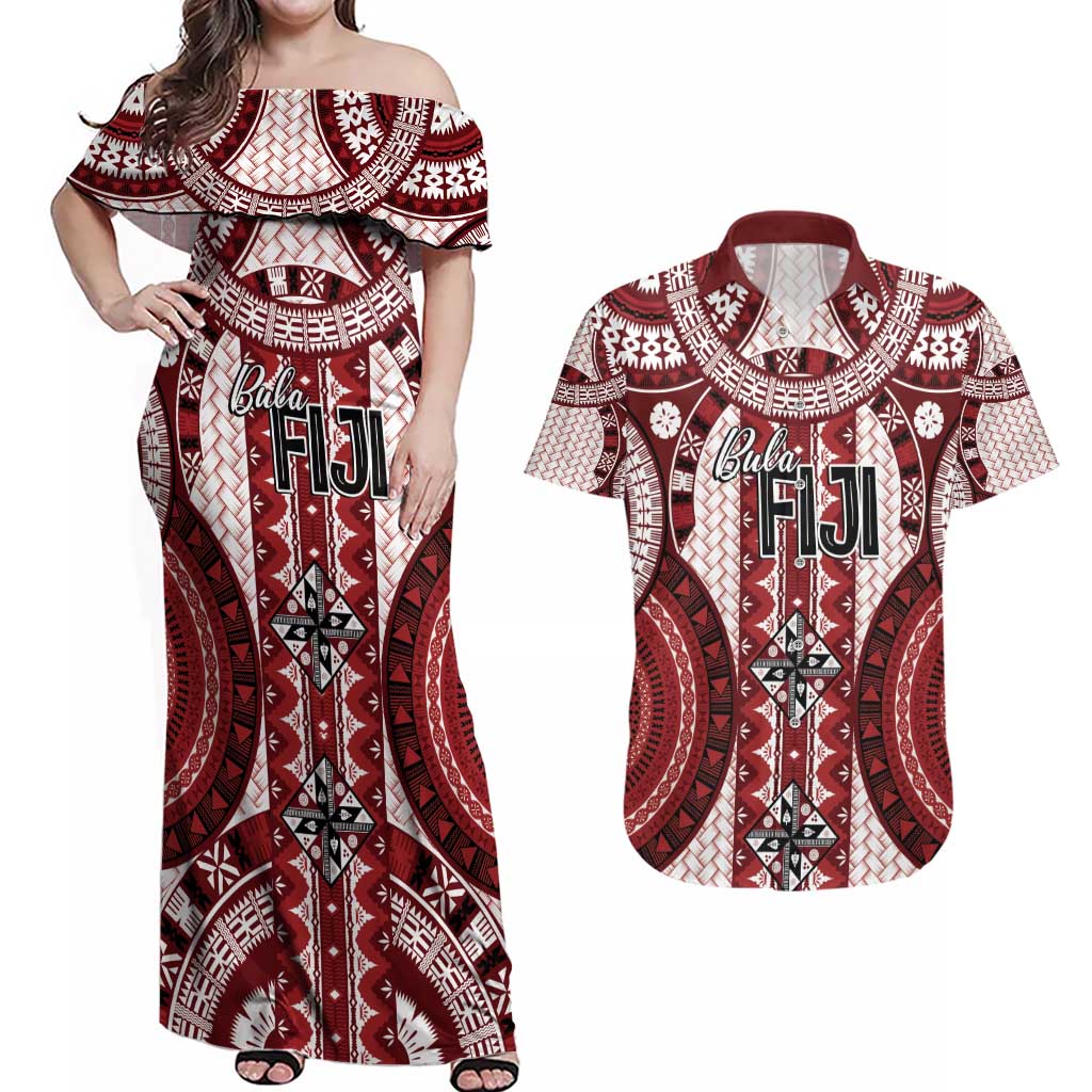 Bula Fiji Vintage Couples Matching Off Shoulder Maxi Dress and Hawaiian Shirt Scarlet Masi Motifs