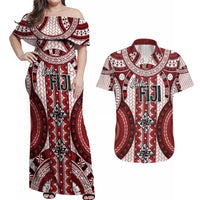 Bula Fiji Vintage Couples Matching Off Shoulder Maxi Dress and Hawaiian Shirt Scarlet Masi Motifs LT7 Scarlet - Polynesian Pride
