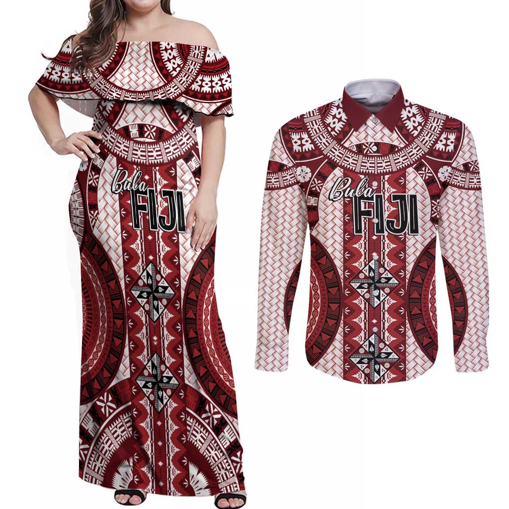Bula Fiji Vintage Couples Matching Off Shoulder Maxi Dress and Long Sleeve Button Shirt Scarlet Masi Motifs LT7 Scarlet - Polynesian Pride