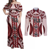 Bula Fiji Vintage Couples Matching Off Shoulder Maxi Dress and Long Sleeve Button Shirt Scarlet Masi Motifs LT7 Scarlet - Polynesian Pride