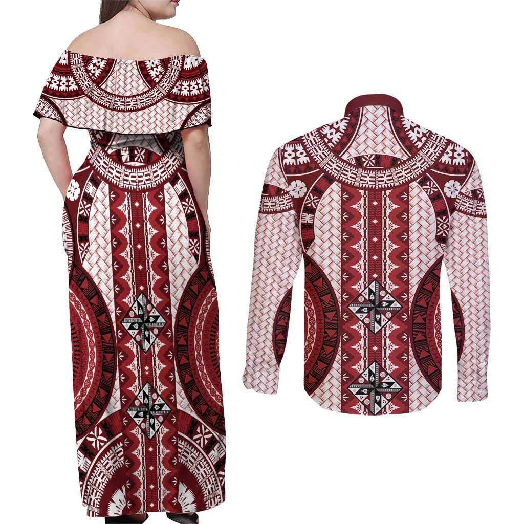 Bula Fiji Vintage Couples Matching Off Shoulder Maxi Dress and Long Sleeve Button Shirt Scarlet Masi Motifs LT7 - Polynesian Pride