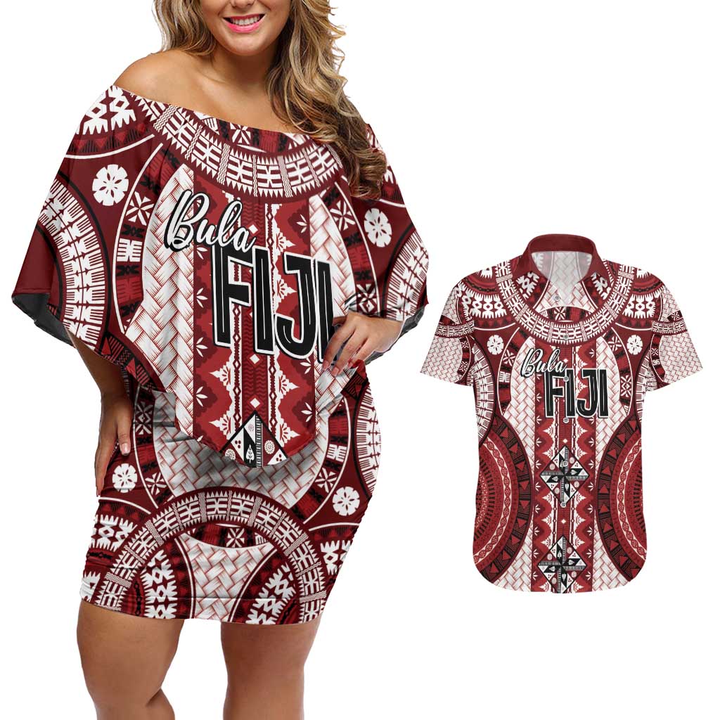 Bula Fiji Vintage Couples Matching Off Shoulder Short Dress and Hawaiian Shirt Scarlet Masi Motifs LT7 Scarlet - Polynesian Pride
