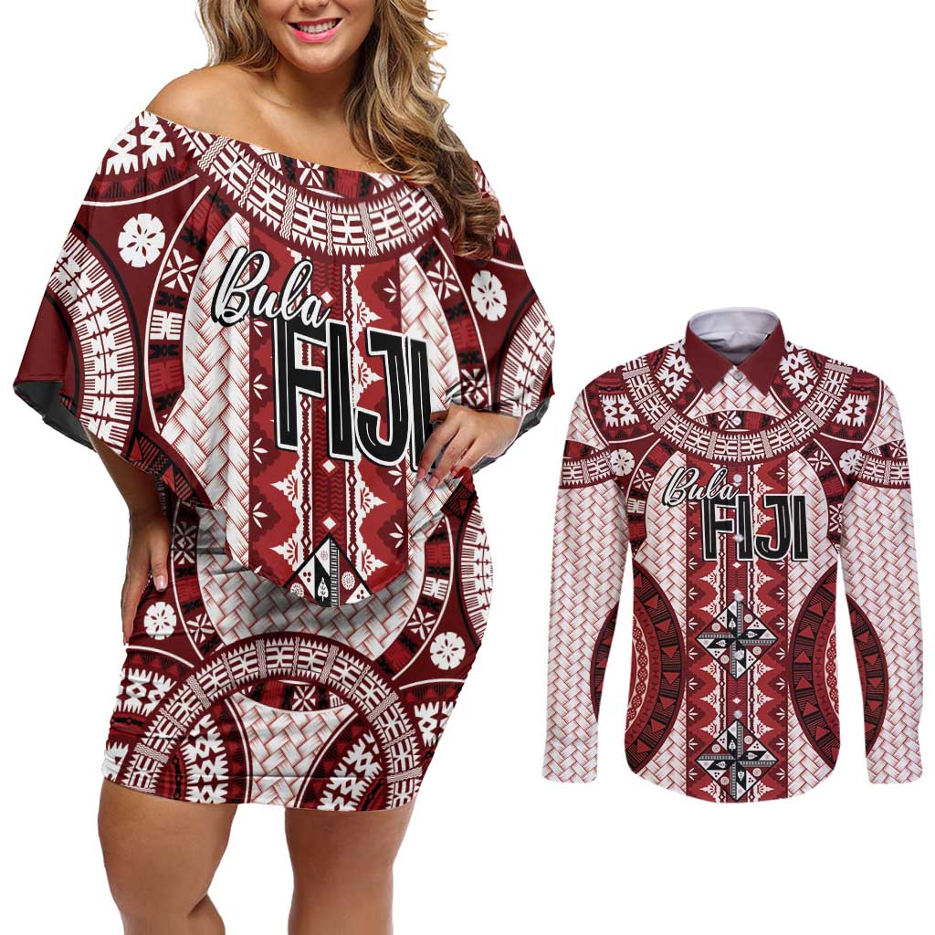 Bula Fiji Vintage Couples Matching Off Shoulder Short Dress and Long Sleeve Button Shirt Scarlet Masi Motifs LT7 Scarlet - Polynesian Pride