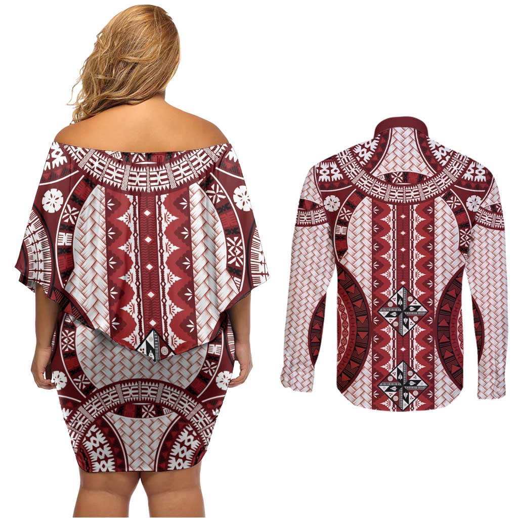 Bula Fiji Vintage Couples Matching Off Shoulder Short Dress and Long Sleeve Button Shirt Scarlet Masi Motifs LT7 - Polynesian Pride