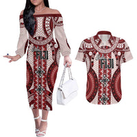 Bula Fiji Vintage Couples Matching Off The Shoulder Long Sleeve Dress and Hawaiian Shirt Scarlet Masi Motifs LT7 Scarlet - Polynesian Pride