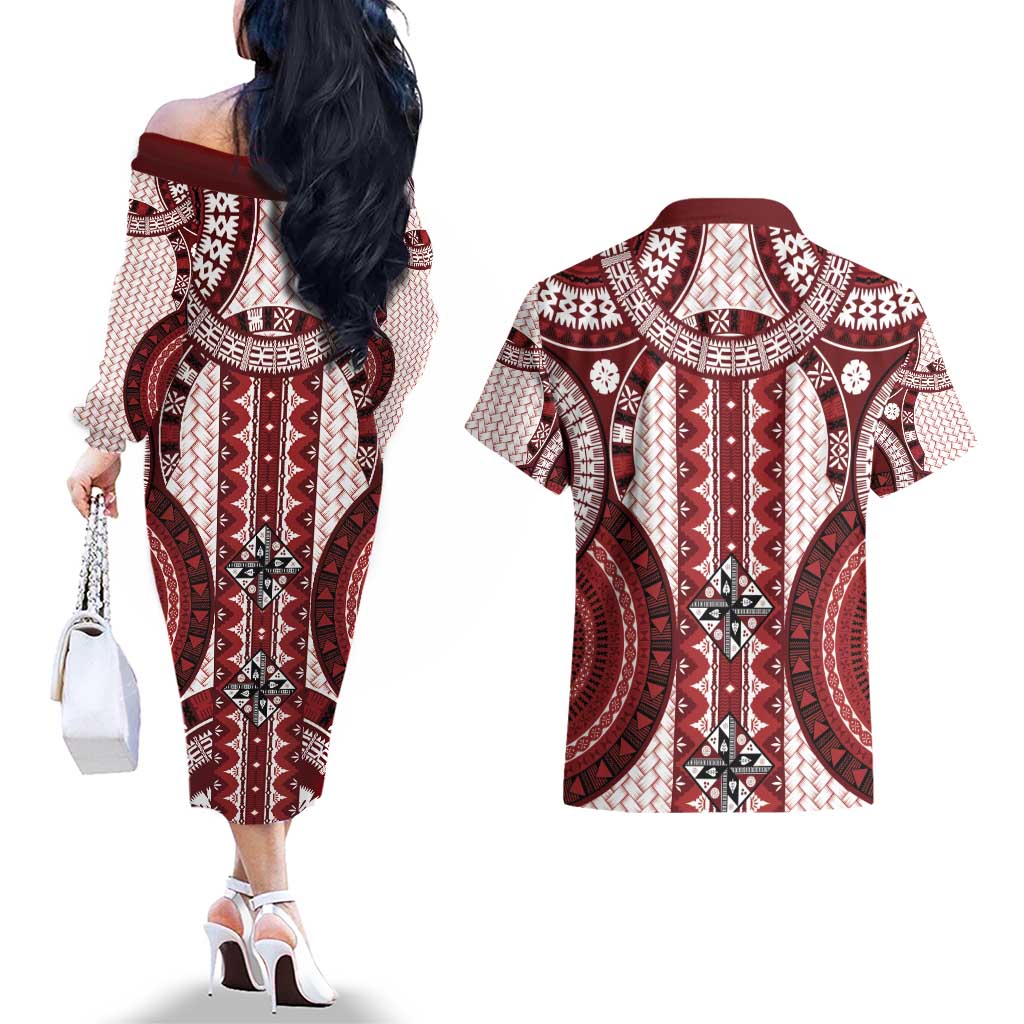 Bula Fiji Vintage Couples Matching Off The Shoulder Long Sleeve Dress and Hawaiian Shirt Scarlet Masi Motifs LT7 - Polynesian Pride