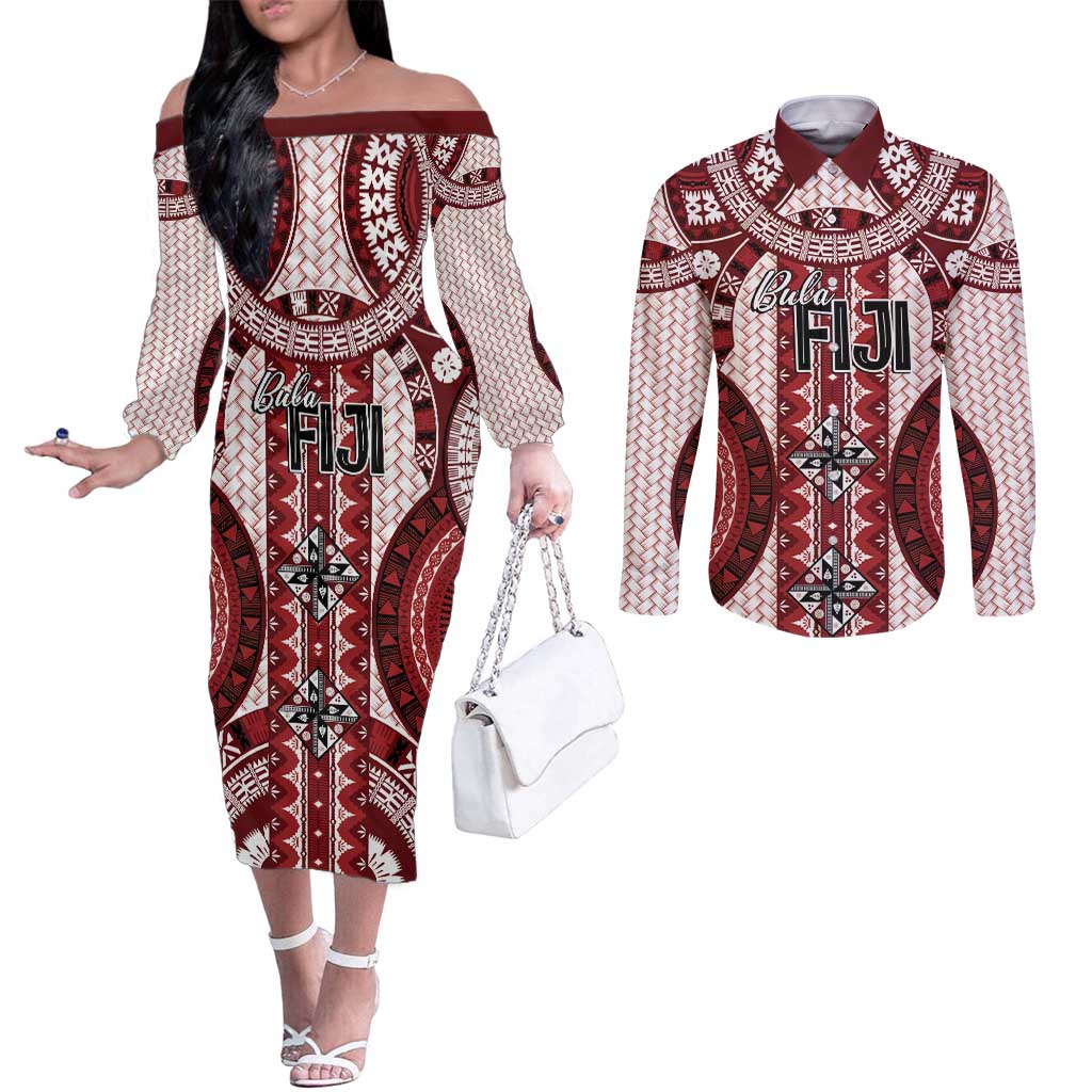 Bula Fiji Vintage Couples Matching Off The Shoulder Long Sleeve Dress and Long Sleeve Button Shirt Scarlet Masi Motifs