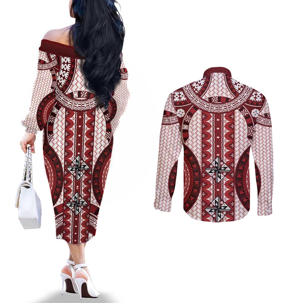 Bula Fiji Vintage Couples Matching Off The Shoulder Long Sleeve Dress and Long Sleeve Button Shirt Scarlet Masi Motifs LT7 - Polynesian Pride