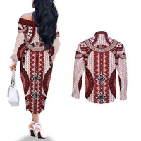 Bula Fiji Vintage Couples Matching Off The Shoulder Long Sleeve Dress and Long Sleeve Button Shirt Scarlet Masi Motifs LT7 - Polynesian Pride
