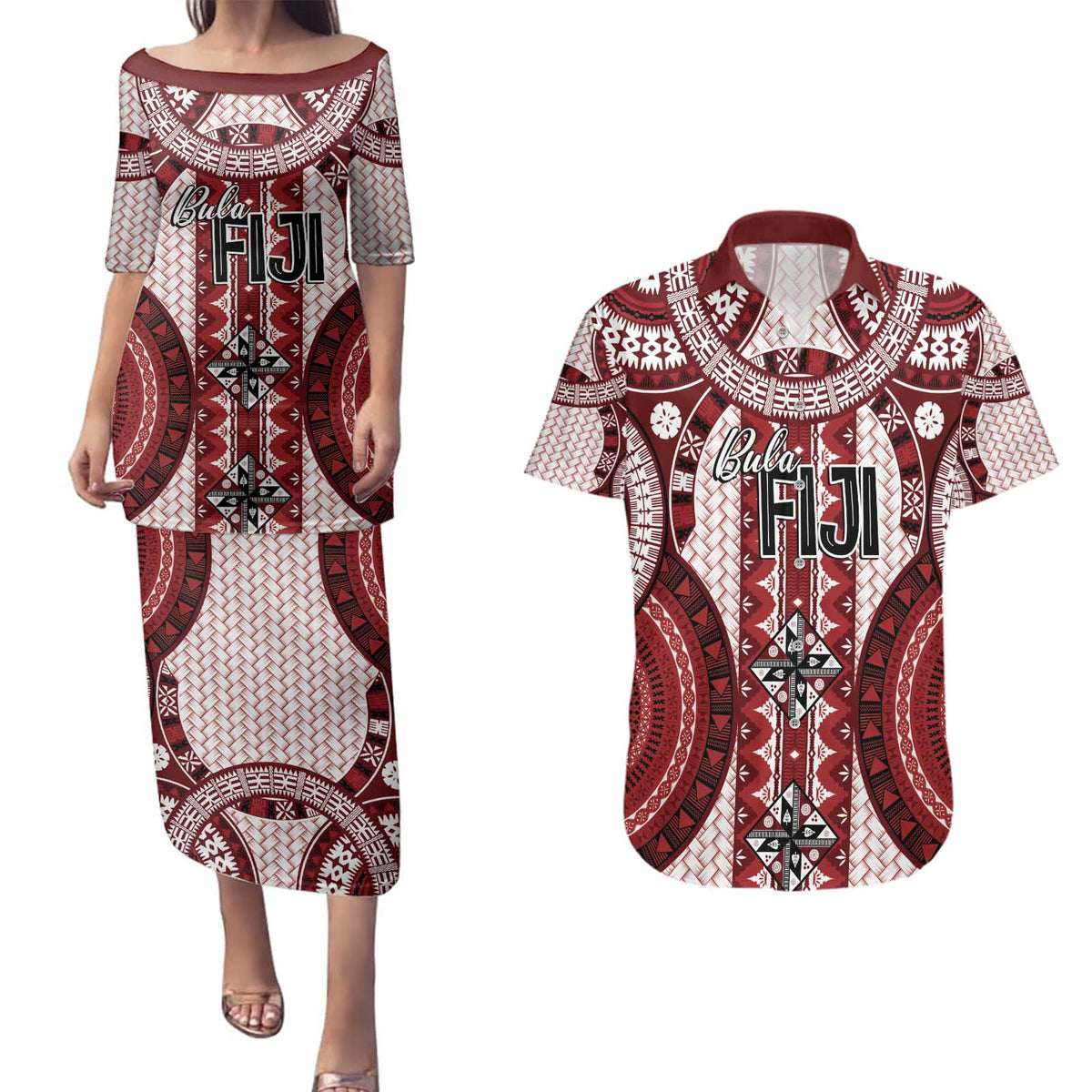 Bula Fiji Vintage Couples Matching Puletasi and Hawaiian Shirt Scarlet Masi Motifs LT7 Scarlet - Polynesian Pride