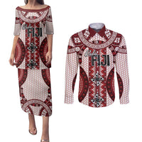 Bula Fiji Vintage Couples Matching Puletasi and Long Sleeve Button Shirt Scarlet Masi Motifs LT7 Scarlet - Polynesian Pride