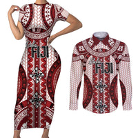 Bula Fiji Vintage Couples Matching Short Sleeve Bodycon Dress and Long Sleeve Button Shirt Scarlet Masi Motifs LT7 Scarlet - Polynesian Pride