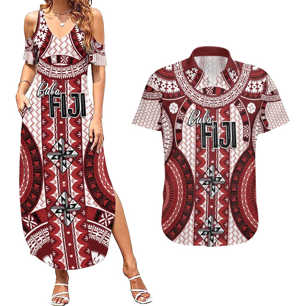 Bula Fiji Vintage Couples Matching Summer Maxi Dress and Hawaiian Shirt Scarlet Masi Motifs LT7 Scarlet - Polynesian Pride