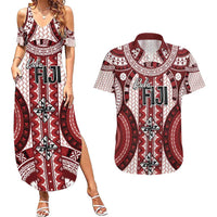 Bula Fiji Vintage Couples Matching Summer Maxi Dress and Hawaiian Shirt Scarlet Masi Motifs LT7 Scarlet - Polynesian Pride