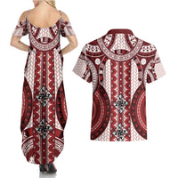Bula Fiji Vintage Couples Matching Summer Maxi Dress and Hawaiian Shirt Scarlet Masi Motifs LT7 - Polynesian Pride