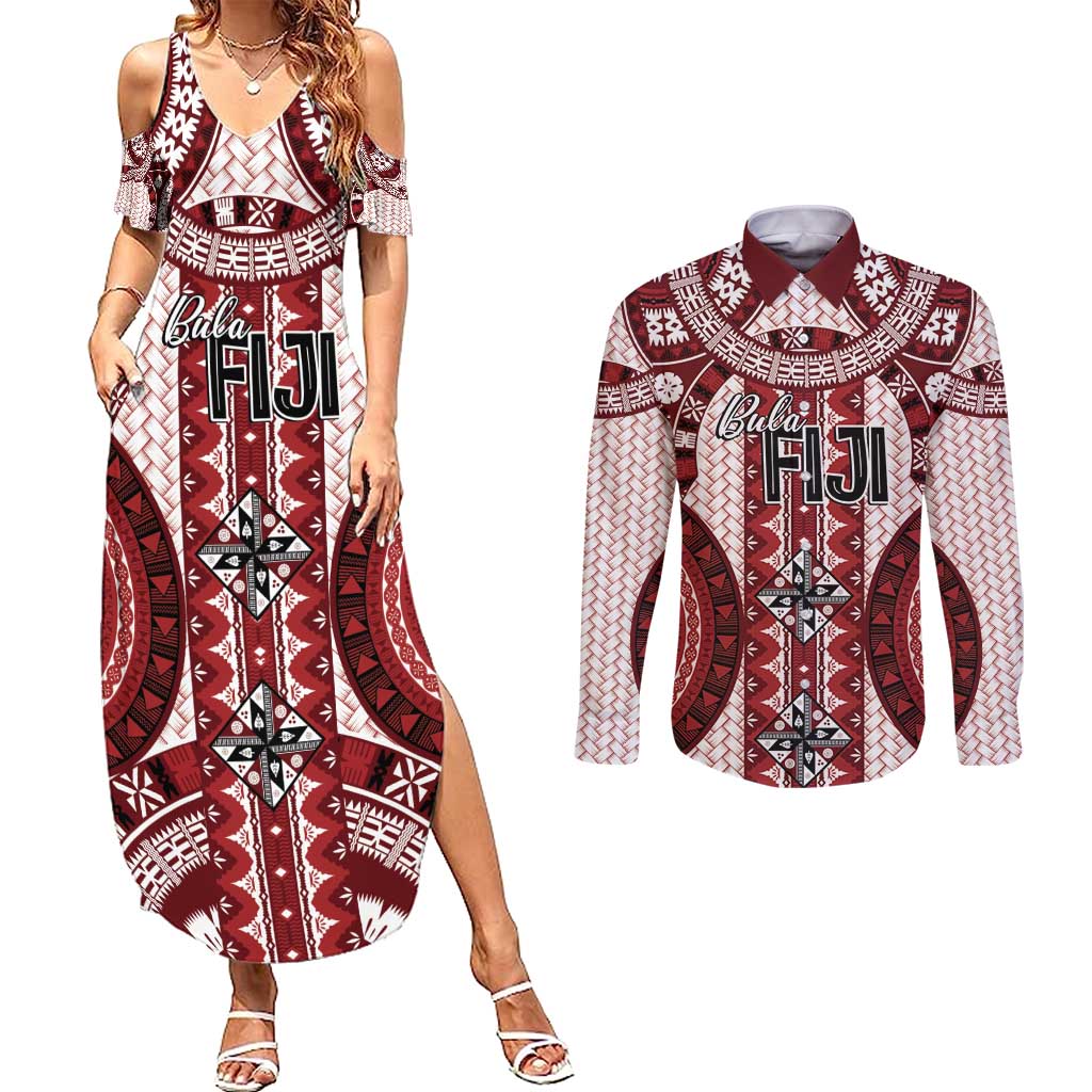 Bula Fiji Vintage Couples Matching Summer Maxi Dress and Long Sleeve Button Shirt Scarlet Masi Motifs LT7 Scarlet - Polynesian Pride