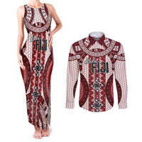 Bula Fiji Vintage Couples Matching Tank Maxi Dress and Long Sleeve Button Shirt Scarlet Masi Motifs LT7 Scarlet - Polynesian Pride
