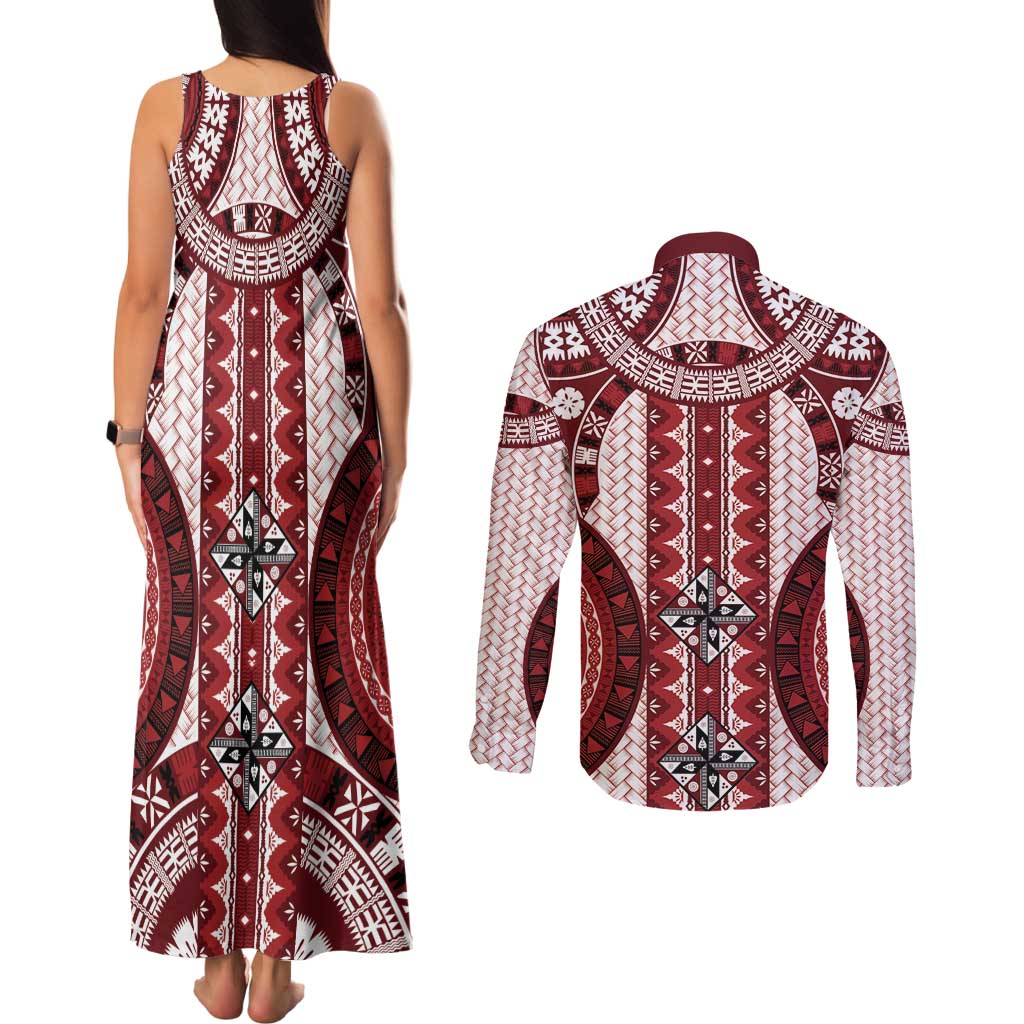 Bula Fiji Vintage Couples Matching Tank Maxi Dress and Long Sleeve Button Shirt Scarlet Masi Motifs LT7 - Polynesian Pride