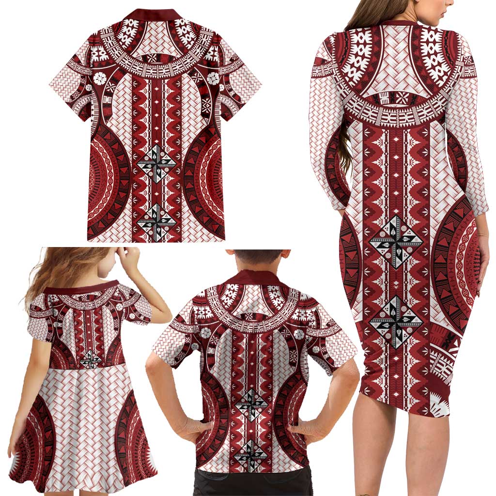 Bula Fiji Vintage Family Matching Long Sleeve Bodycon Dress and Hawaiian Shirt Scarlet Masi Motifs LT7 - Polynesian Pride
