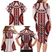 Bula Fiji Vintage Family Matching Long Sleeve Bodycon Dress and Hawaiian Shirt Scarlet Masi Motifs LT7 - Polynesian Pride