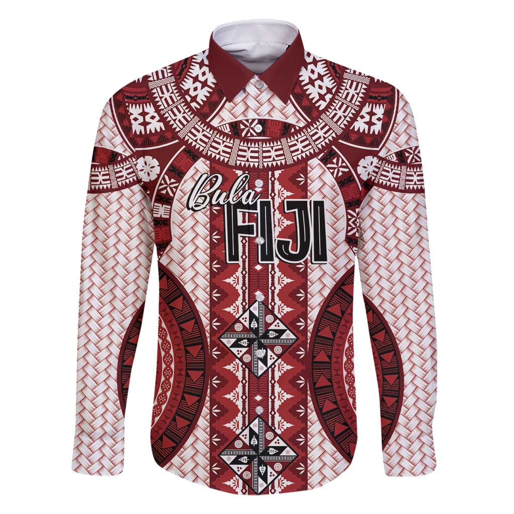 Bula Fiji Vintage Family Matching Long Sleeve Bodycon Dress and Hawaiian Shirt Scarlet Masi Motifs LT7 Dad's Shirt - Long Sleeve Scarlet - Polynesian Pride