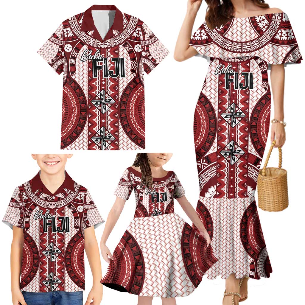 Bula Fiji Vintage Family Matching Mermaid Dress and Hawaiian Shirt Scarlet Masi Motifs LT7 - Polynesian Pride
