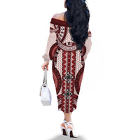 Bula Fiji Vintage Family Matching Off The Shoulder Long Sleeve Dress and Hawaiian Shirt Scarlet Masi Motifs LT7 - Polynesian Pride
