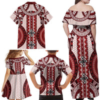 Bula Fiji Vintage Family Matching Off Shoulder Maxi Dress and Hawaiian Shirt Scarlet Masi Motifs LT7 - Polynesian Pride