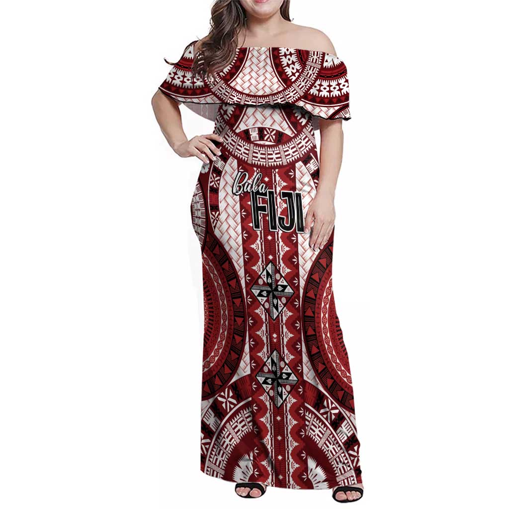 Bula Fiji Vintage Family Matching Off Shoulder Maxi Dress and Hawaiian Shirt Scarlet Masi Motifs LT7 Mom's Dress Scarlet - Polynesian Pride
