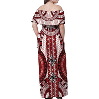 Bula Fiji Vintage Family Matching Off Shoulder Maxi Dress and Hawaiian Shirt Scarlet Masi Motifs LT7 - Polynesian Pride
