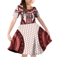 Bula Fiji Vintage Family Matching Off Shoulder Short Dress and Hawaiian Shirt Scarlet Masi Motifs LT7 Daughter's Dress Scarlet - Polynesian Pride