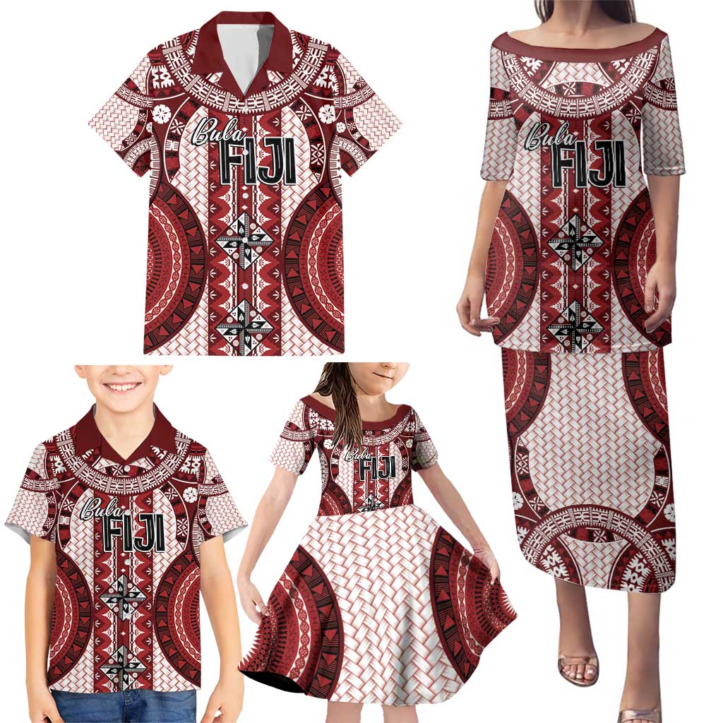 Bula Fiji Vintage Family Matching Puletasi and Hawaiian Shirt Scarlet Masi Motifs LT7 - Polynesian Pride