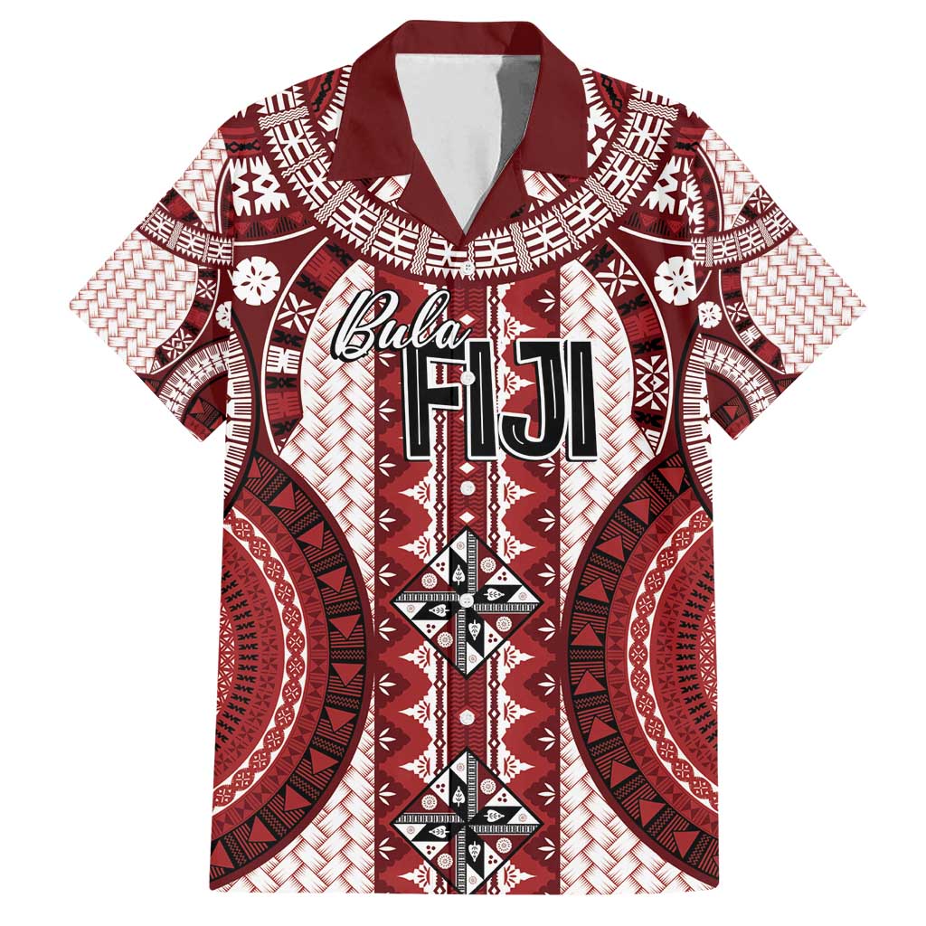 Bula Fiji Vintage Family Matching Puletasi and Hawaiian Shirt Scarlet Masi Motifs LT7 Dad's Shirt - Short Sleeve Scarlet - Polynesian Pride
