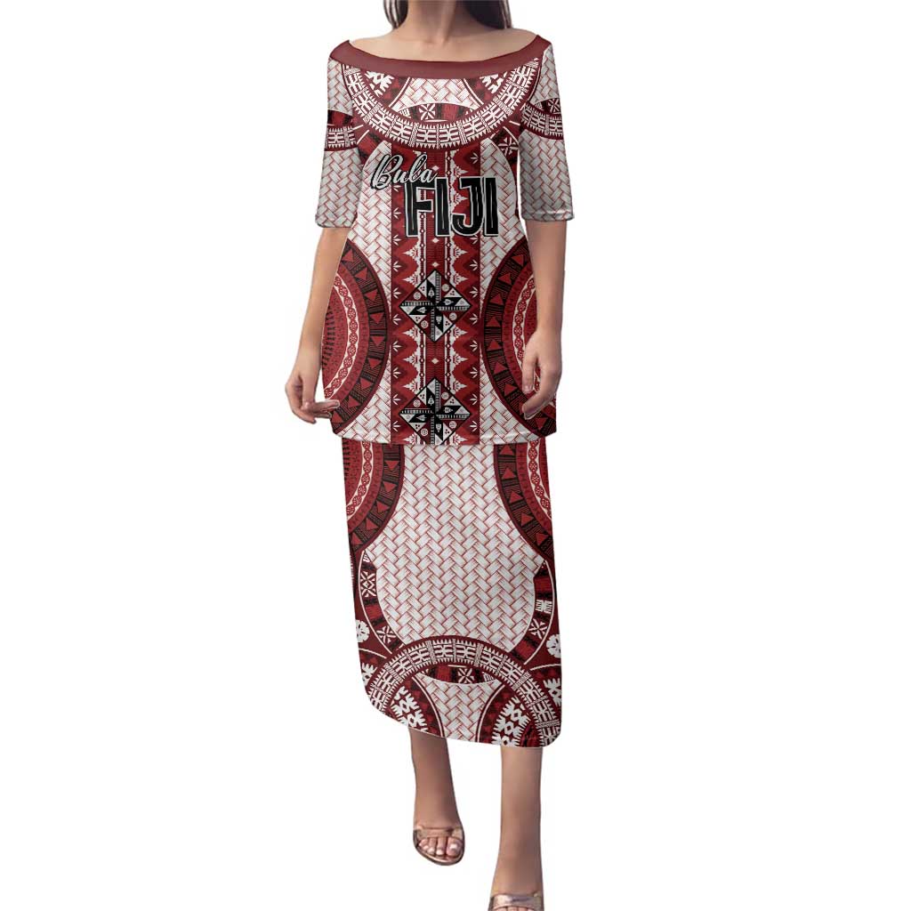 Bula Fiji Vintage Family Matching Puletasi and Hawaiian Shirt Scarlet Masi Motifs LT7 Mom's Dress Scarlet - Polynesian Pride