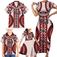 Bula Fiji Vintage Family Matching Short Sleeve Bodycon Dress and Hawaiian Shirt Scarlet Masi Motifs LT7 - Polynesian Pride