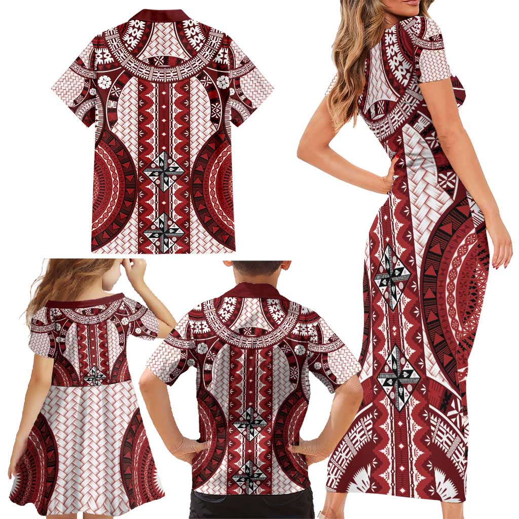 Bula Fiji Vintage Family Matching Short Sleeve Bodycon Dress and Hawaiian Shirt Scarlet Masi Motifs LT7 - Polynesian Pride