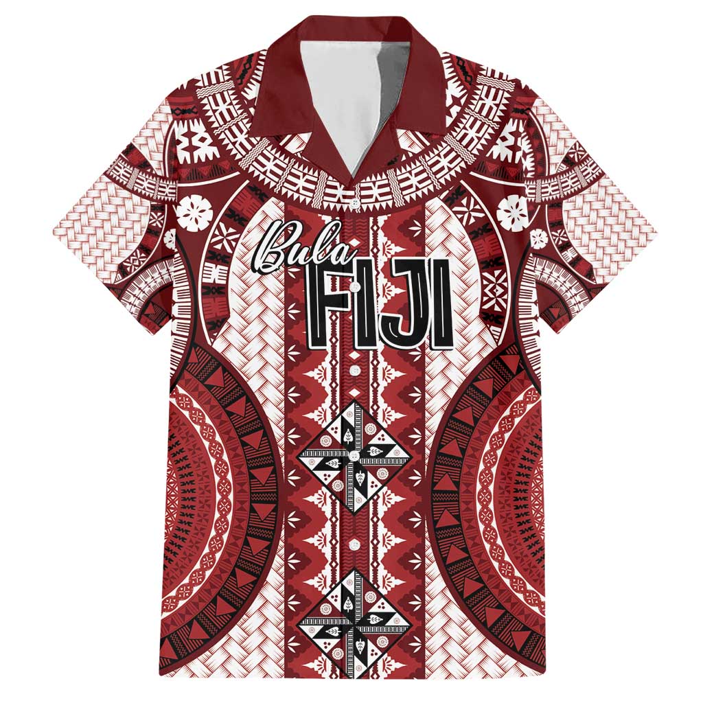Bula Fiji Vintage Family Matching Short Sleeve Bodycon Dress and Hawaiian Shirt Scarlet Masi Motifs LT7 Dad's Shirt - Short Sleeve Scarlet - Polynesian Pride